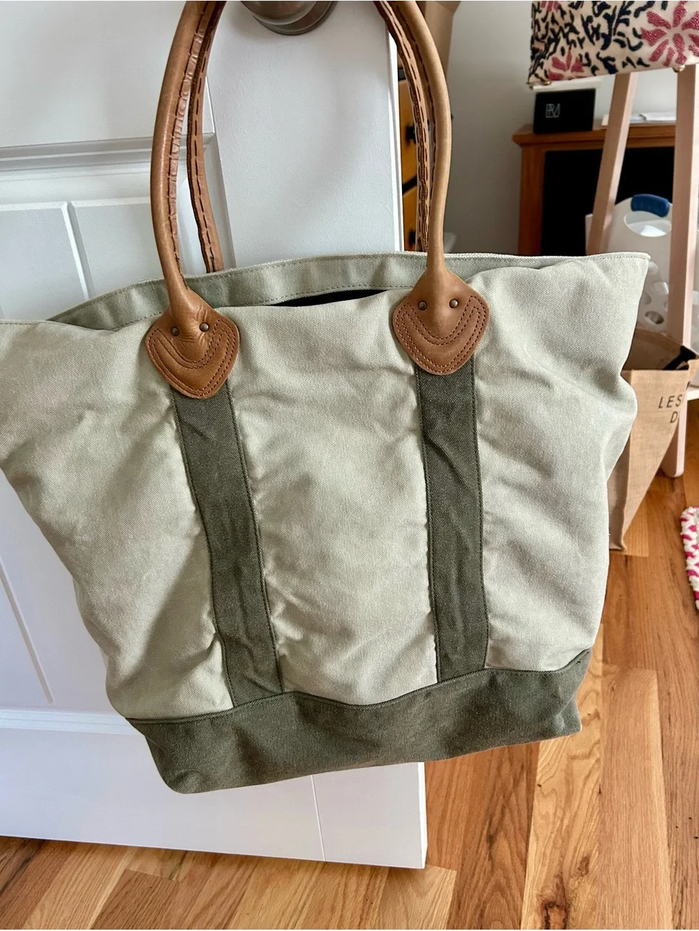 L.L. Bean Canvas Tote in Olive and Tan Leather- Excellent Condition